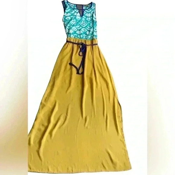 Anthropologie THML maxi dress in turquoise, royal blue and yellow. Lined.  XS - Picture 3 of 5